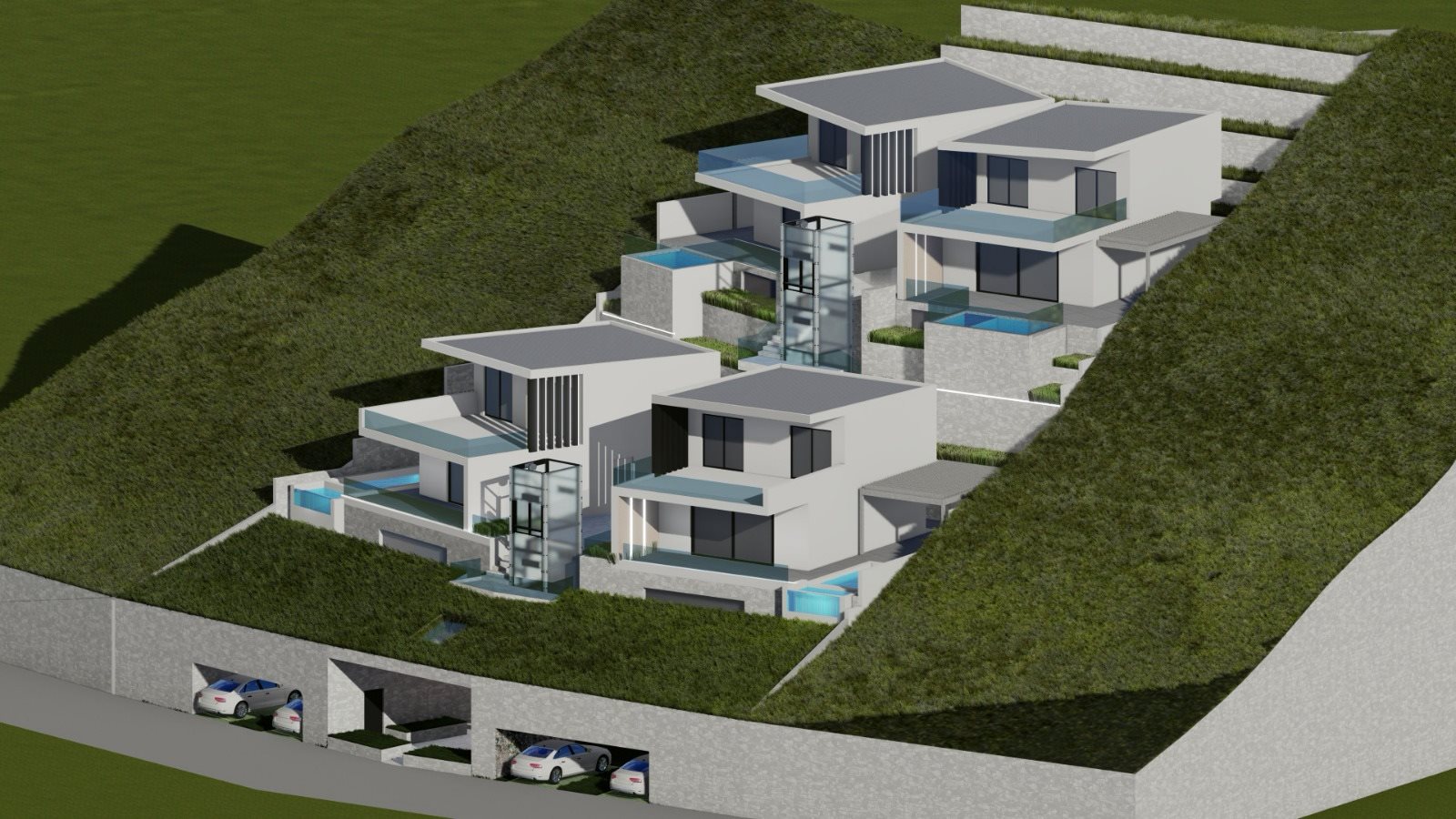 Architectural render of the four villas with private pools terraced into the hillside